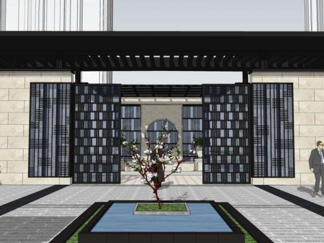 Sketchup住宅模型|小区入口，现代中式风格