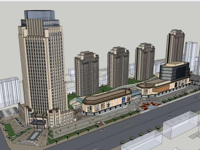 Sketchup综合体模型|高层办公楼，底层商业，多高层综合体，古典风格