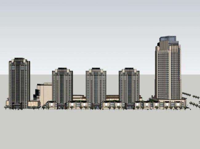 Sketchup综合体模型|高层办公楼，底层商业，多高层综合体，古典风格