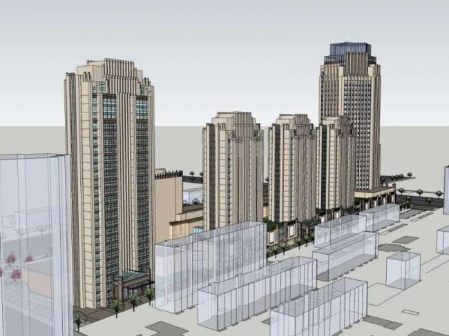 Sketchup综合体模型|高层办公楼，底层商业，多高层综合体，古典风格