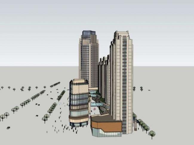 Sketchup综合体模型|高层办公楼，底层商业，多高层综合体，古典风格