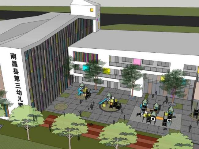 Sketchup学校模型|多层南昌县第三幼儿园，校园教育建筑，现代风格