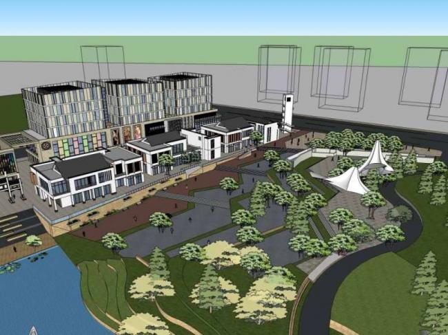 Sketchup商业模型|多层公园商业街，新中式风格