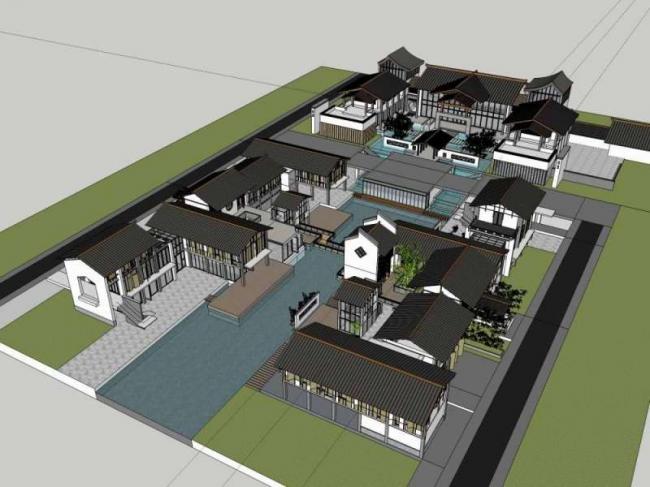Sketchup商业模型|西南民俗商业街建筑群，步行街，中式风格