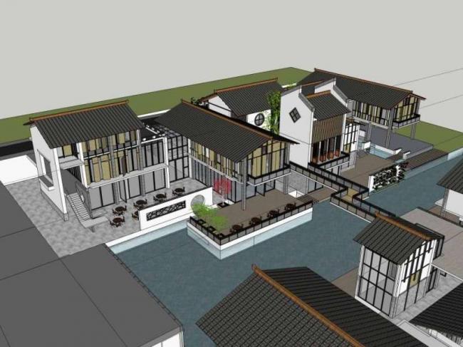 Sketchup商业模型|西南民俗商业街建筑群，步行街，中式风格
