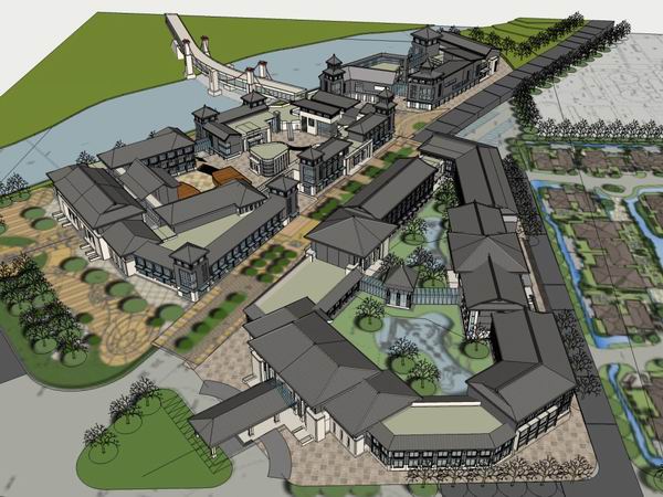 Sketchup商业模型|多层游览街，商业街，中式风格