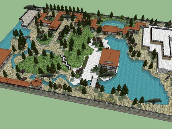 Sketchup景观模型|多层中式园林，景观公园，中式风格