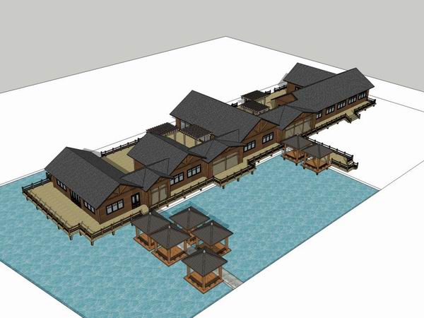 Sketchup商业模型|多层农家乐会所，商业，古典风格