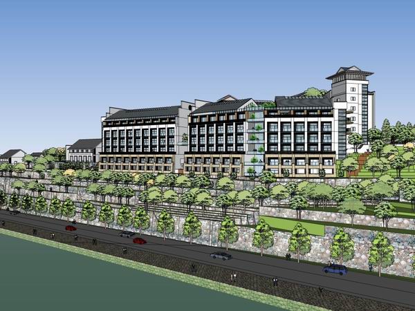 Sketchup酒店模型|多层山地酒店，古典风格