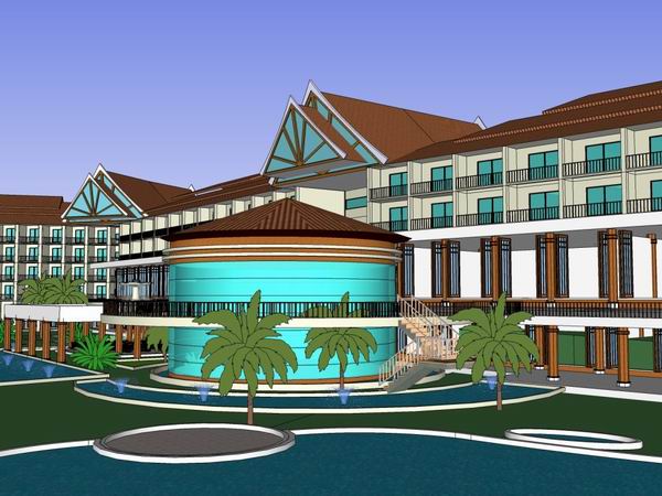 Sketchup酒店模型|多层度假村酒店，东南亚古典风格