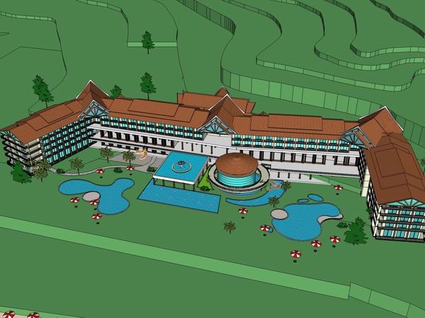 Sketchup酒店模型|多层度假村酒店，东南亚古典风格