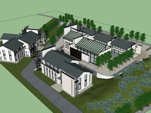 Sketchup商业模型|多层徽派商业服务区，现代中式风格