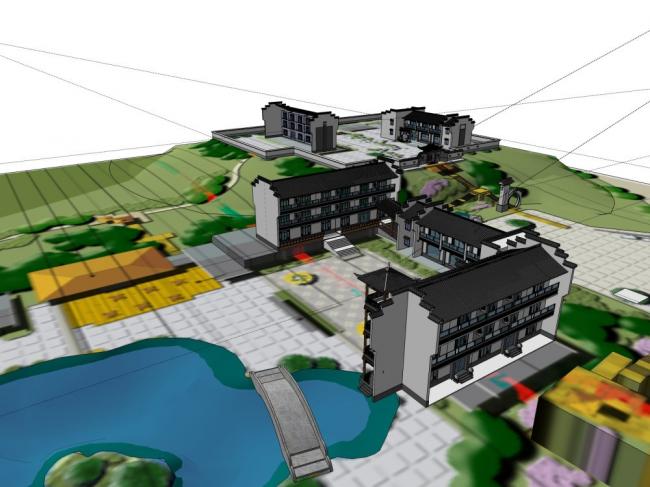 Sketchup住宅模型|多层徽派住宅，现代中式风格