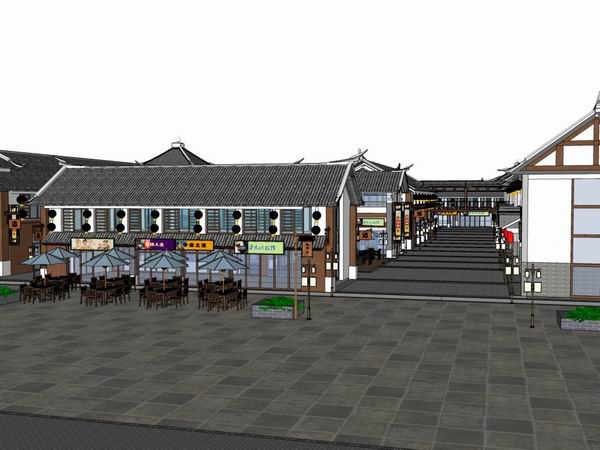 Sketchup商业模型|多层商业街，步行街，中式风格