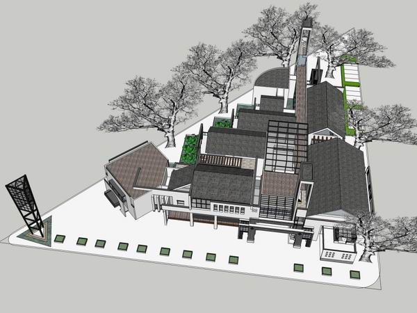 Sketchup商业模型|多层商业街游客中心，多层商业街，现代中式风格