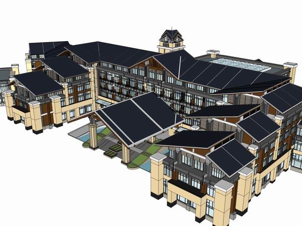 Sketchup酒店模型|多层温泉酒店，现代中式风格