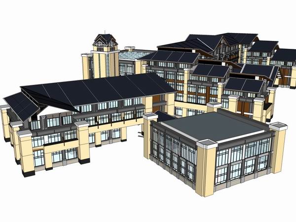 Sketchup酒店模型|多层温泉酒店，现代中式风格
