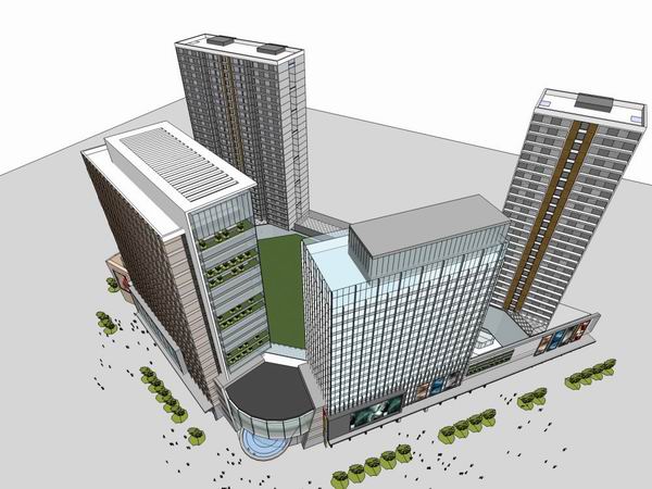 Sketchup综合体模型|多高层综合体，办公楼，商业街，现代风格