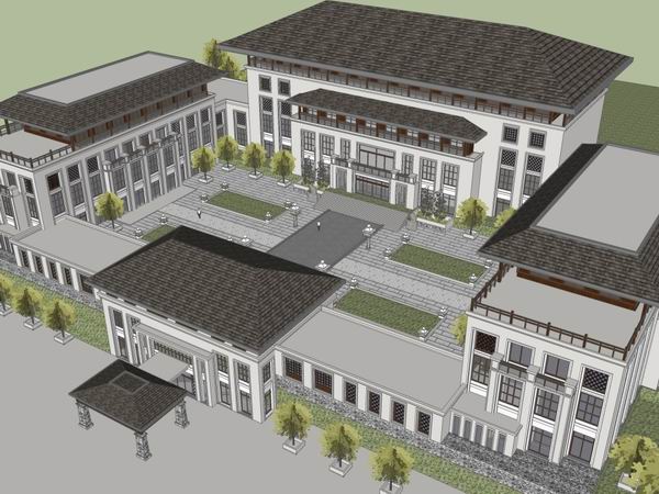 Sketchup景观模型|多层四合院落景观，中式风格