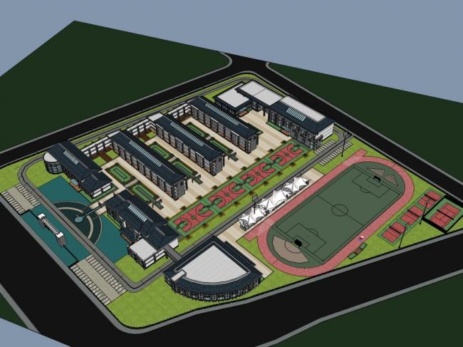 Sketchup学校模型|多层学校小学中学，校园教育建筑，中式风格
