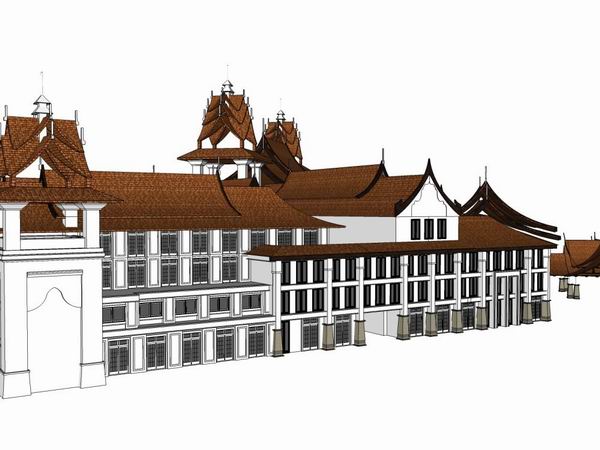 Sketchup商业模型|多层商业街，东南亚古典风格