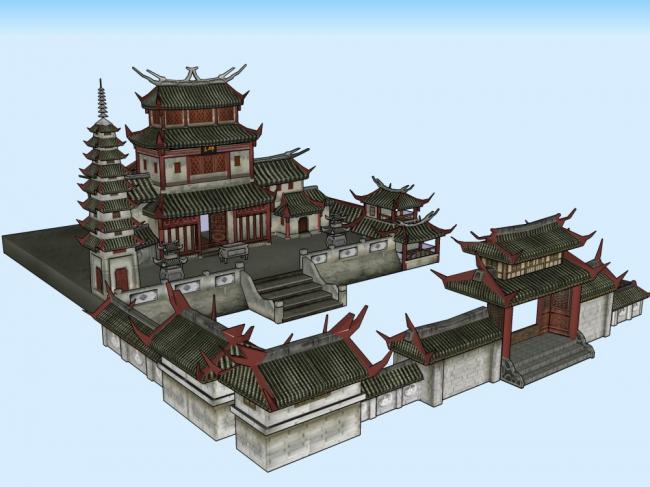 Sketchup古建筑模型|多层寺庙，古庙古寺，中式风格，古建