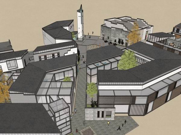 Sketchup商业模型|多层商业街，步行街，现代中式风格