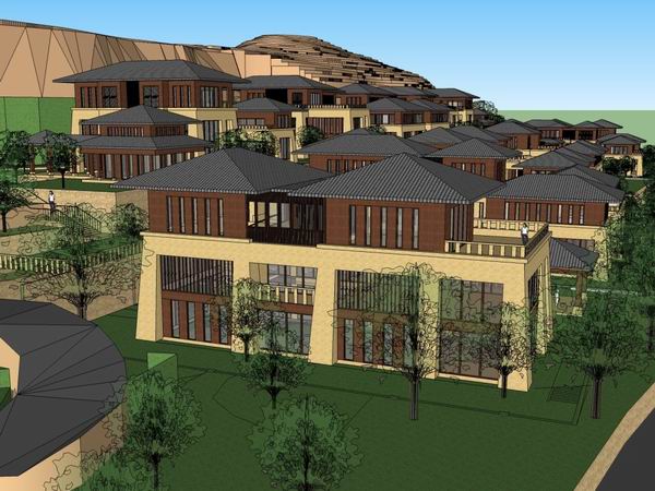 Sketchup酒店模型|多层山地酒店，中式风格，汉唐风格