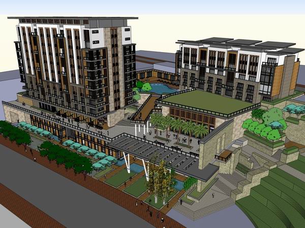 Sketchup酒店模型|多层山地酒店，现代风格