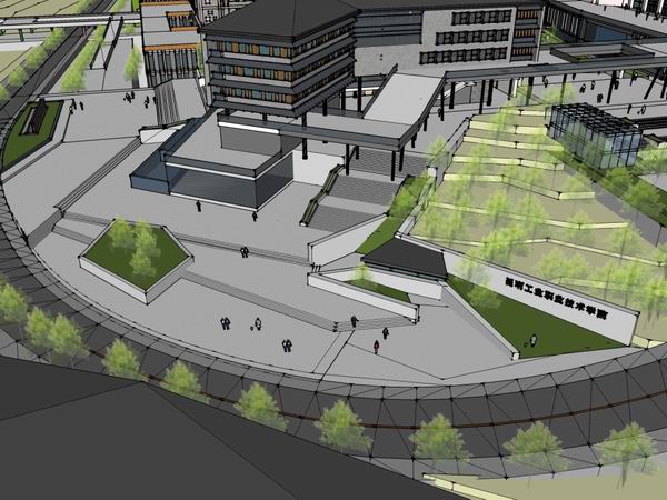 Sketchup学校模型|多层昆明工业职业技术学院学校，校园教育建筑，现代中式风格