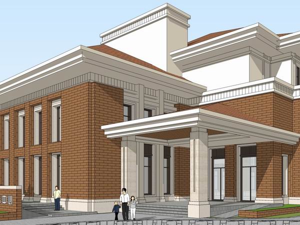 Sketchup办公模型|多层办公接待中心，古典风格