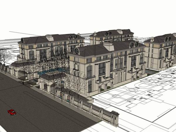 Sketchup住宅模型|多层小区大门，简欧古典风格