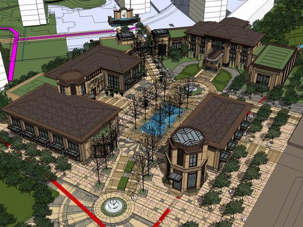 Sketchup商业模型|多层商业街，步行街，古典风格