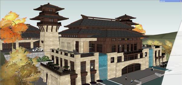 Sketchup酒店模型|多层度假村酒店，汉唐，中式风格