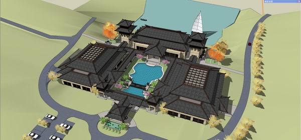Sketchup酒店模型|多层度假村酒店，汉唐，中式风格