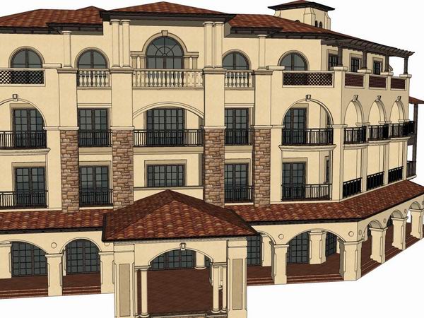 Sketchup酒店模型|多层度假村式酒店，古典风格