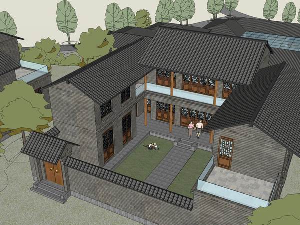 Sketchup酒店模型|多层度假村式酒店，现代中式风格