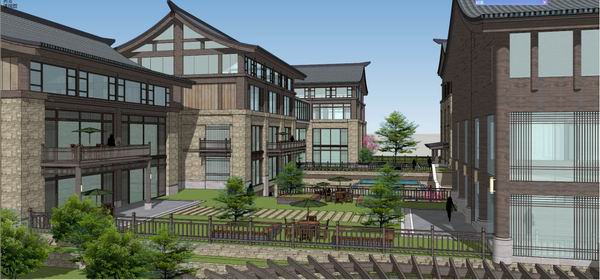 Sketchup办公模型|多层小型总部办公区，现代中式风格