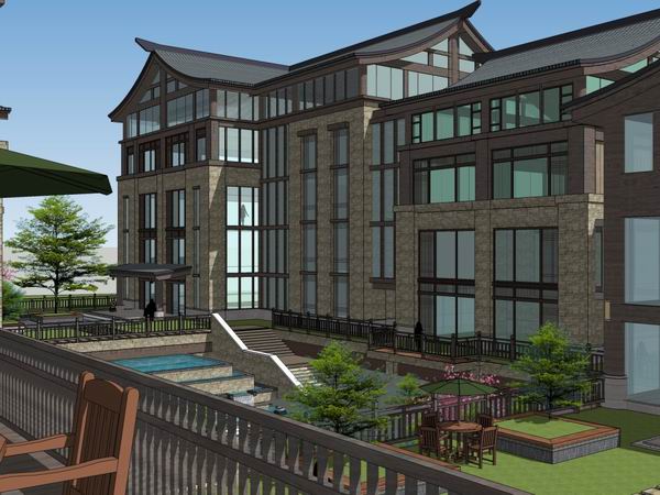 Sketchup办公模型|多层小型总部办公区，现代中式风格