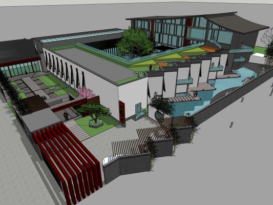 Sketchup酒店模型|多层仟禧坊酒店，现代中式风格