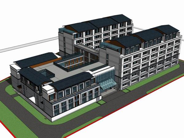 Sketchup医院模型|多层敬老院，养老院，医院医疗建筑，现代中式风格