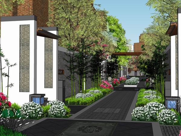 Sketchup景观模型|多层小区景观，住宅景观，现代中式风格