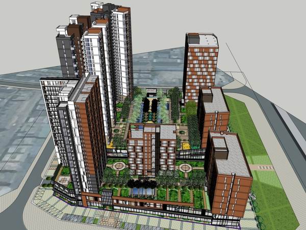 Sketchup住宅模型|高层住宅，底层商业，现代风格
