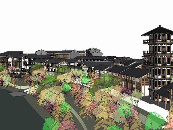 Sketchup商业模型|多层商业街，步行街，现代中式风格