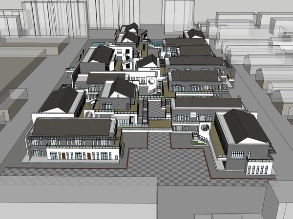 Sketchup商业模型|多层商业街，步行街，中式现代风格
