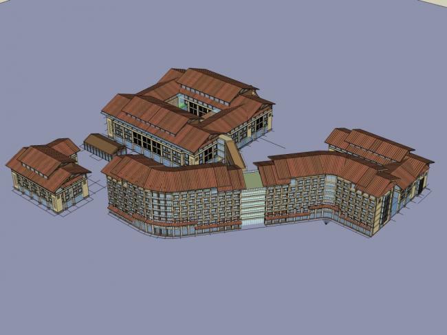Sketchup医院模型|多层大雄县人民医院，医疗建筑，古典风格