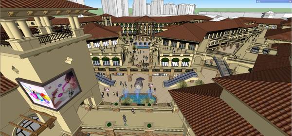 Sketchup商业模型|多层商业街，步行街，西班牙古典风格