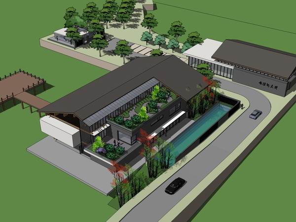 Sketchup景观模型|多层休闲景观会所景观，中式风格