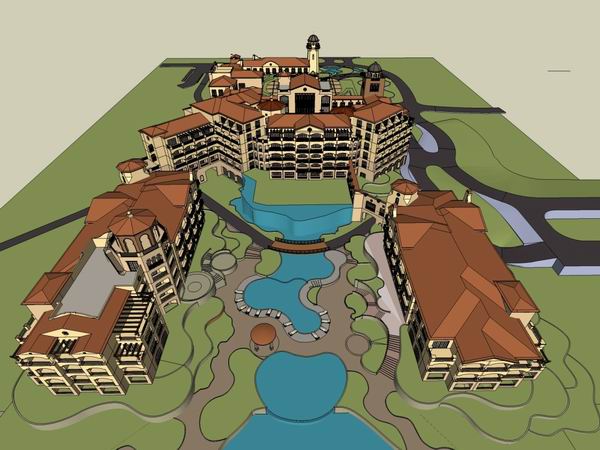 Sketchup酒店模型|多层度假酒店，西班牙古典风格