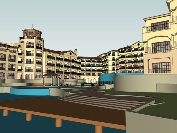 Sketchup酒店模型|多层度假酒店，西班牙古典风格